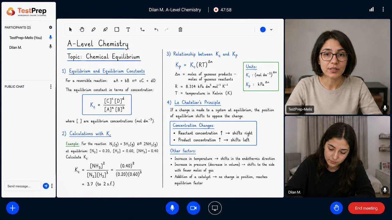 TestPrep A-Level Chemistry özel dersinden bir kare — Chemical equilibria: çözümlü bir Kc hesabı, Kp–Kc ilişkisi ve Le Chatelier ilkesi