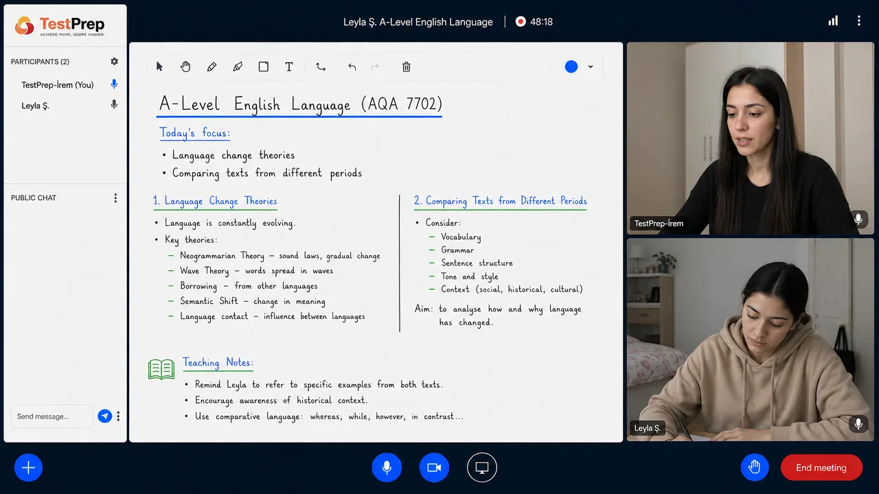 TestPrep A-Level English Language özel dersinden bir kare — Language change: dil değişimi kuramları ve farklı dönemlerden metinleri karşılaştırma kontrol listesi