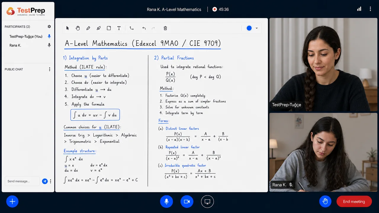 TestPrep A-Level Mathematics özel dersinden bir kare — Integration: integration by parts ile çözümlü bir x·e^x örneği ve partial fractions