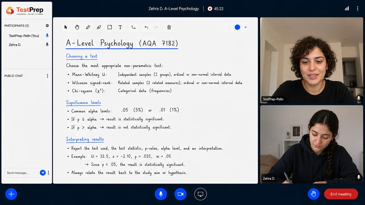 TestPrep A-Level Psychology özel dersinden bir kare — Research methods: Mann-Whitney U, Wilcoxon ve chi-squared testleri arasında seçim, anlamlılık düzeyi ve sonucun yorumu