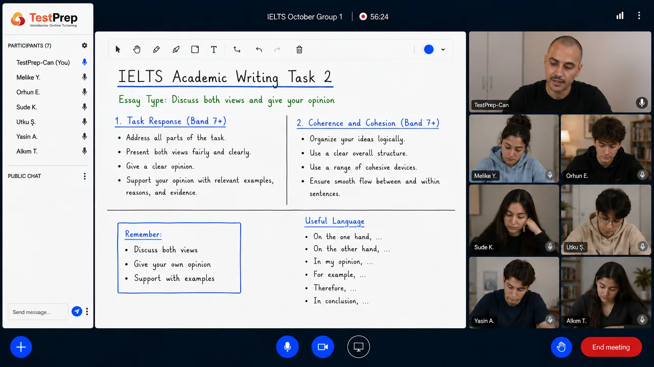 TestPrep IELTS grup dersinden bir kare — Academic Writing Task 2: 'discuss both views' denemesi için Task Response ve Coherence and Cohesion ipuçları