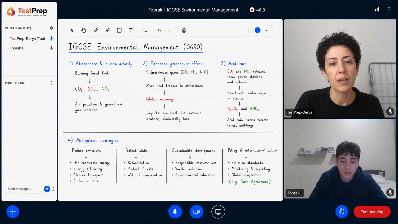 TestPrep IGCSE Environmental Management özel dersinden bir kare — atmosfer ve insan etkinlikleri: güçlenmiş sera etkisi, asit yağmurunun oluşumu ve azaltma stratejileri