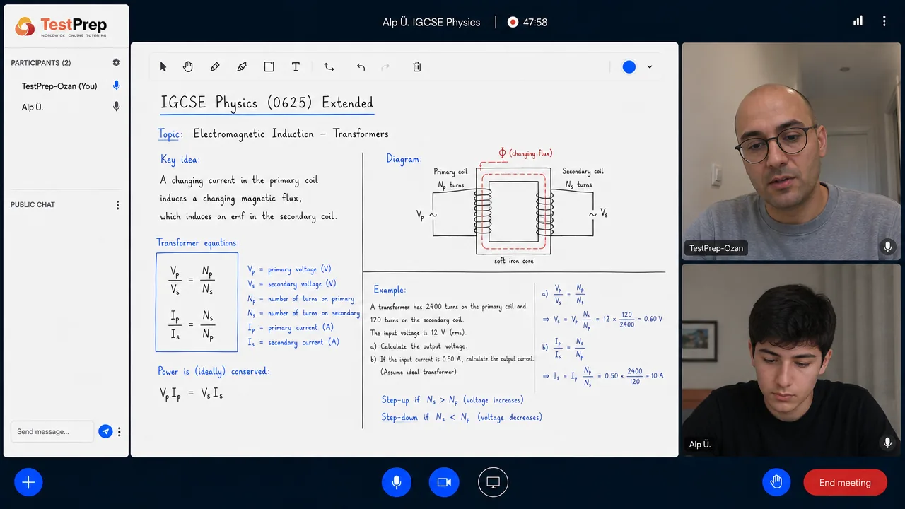 TestPrep IGCSE Physics özel dersinden bir kare — Electromagnetic induction: transformatör şeması, sarım oranı denklemleri ve çözümlü bir step-down transformatör örneği