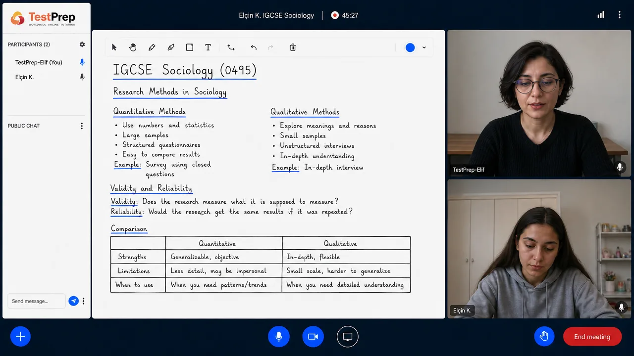 TestPrep IGCSE Sociology özel dersinden bir kare — Research methods: nicel ve nitel yöntemler, validity ve reliability, karşılaştırma tablosu
