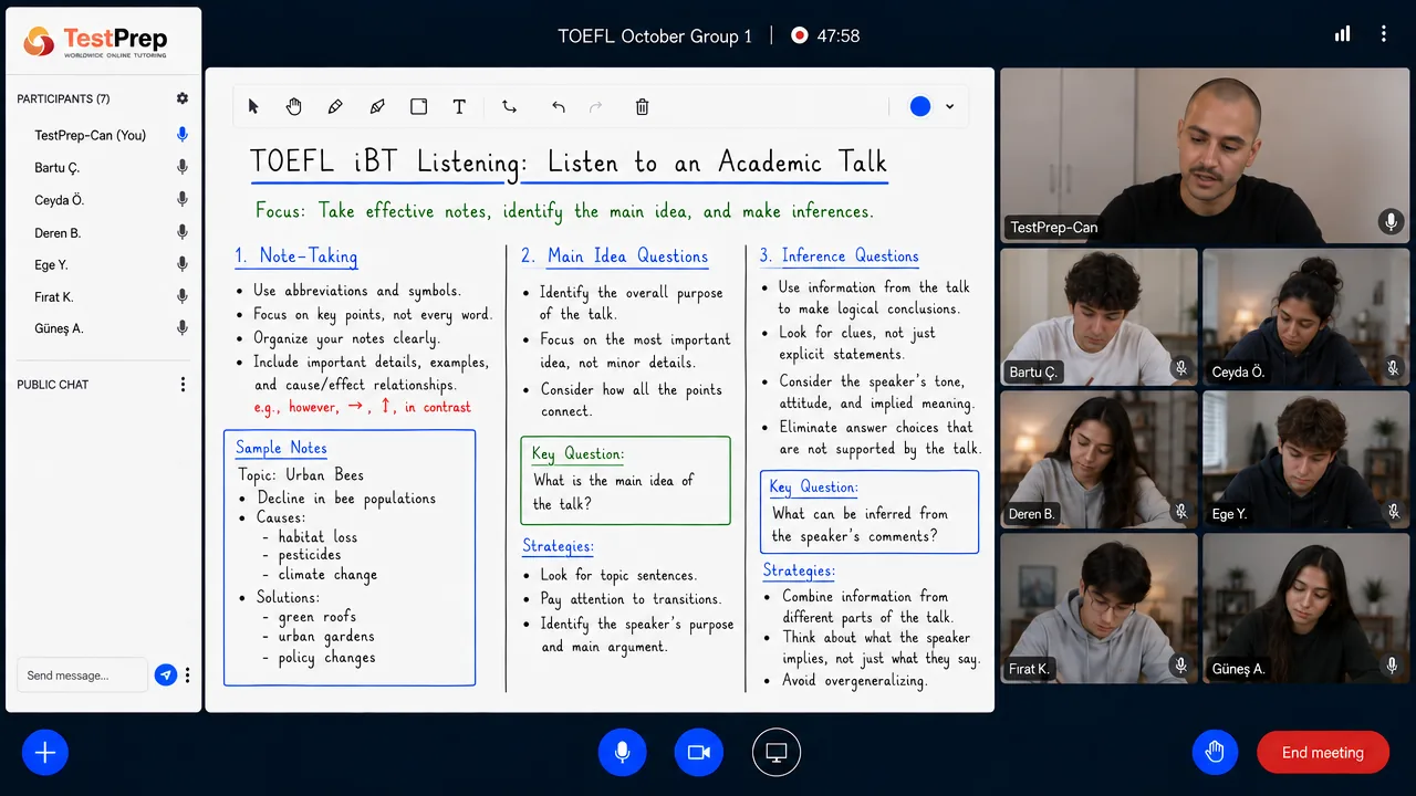 TestPrep TOEFL grup dersinden bir kare — Listening 'Listen to an Academic Talk' görevi: not alma, ana fikir ve çıkarım soruları