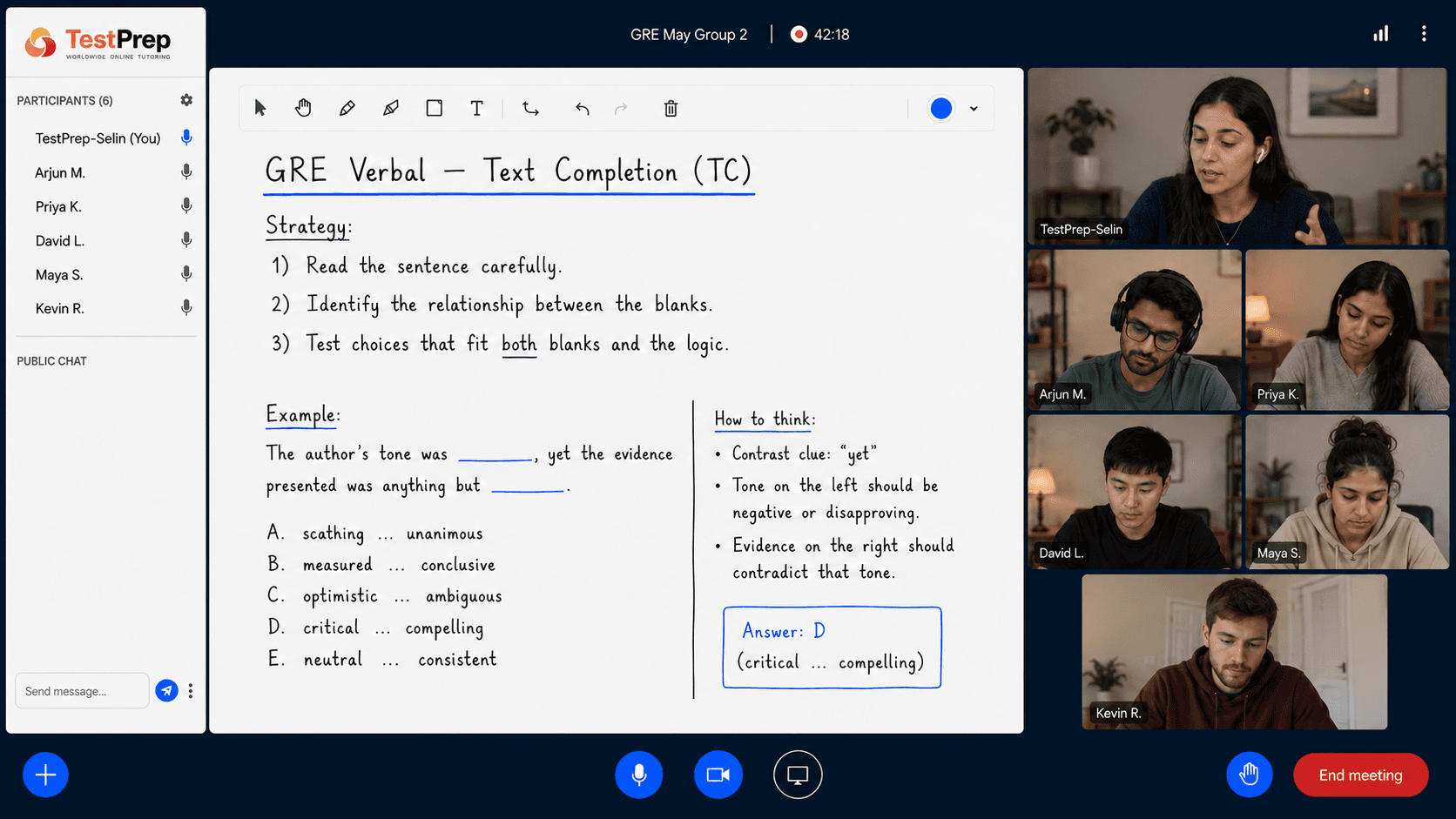 GRE Verbal grup dersinde tahtada Text Completion sorusunun zıtlık ipucu üzerinden adım adım çözümü