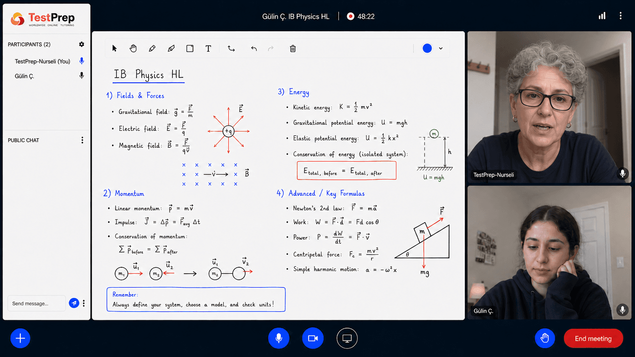 IB Physics HL özel dersinde alanlar ve kuvvetler, momentum, enerji ve temel formüllerin tahtada toparlanması