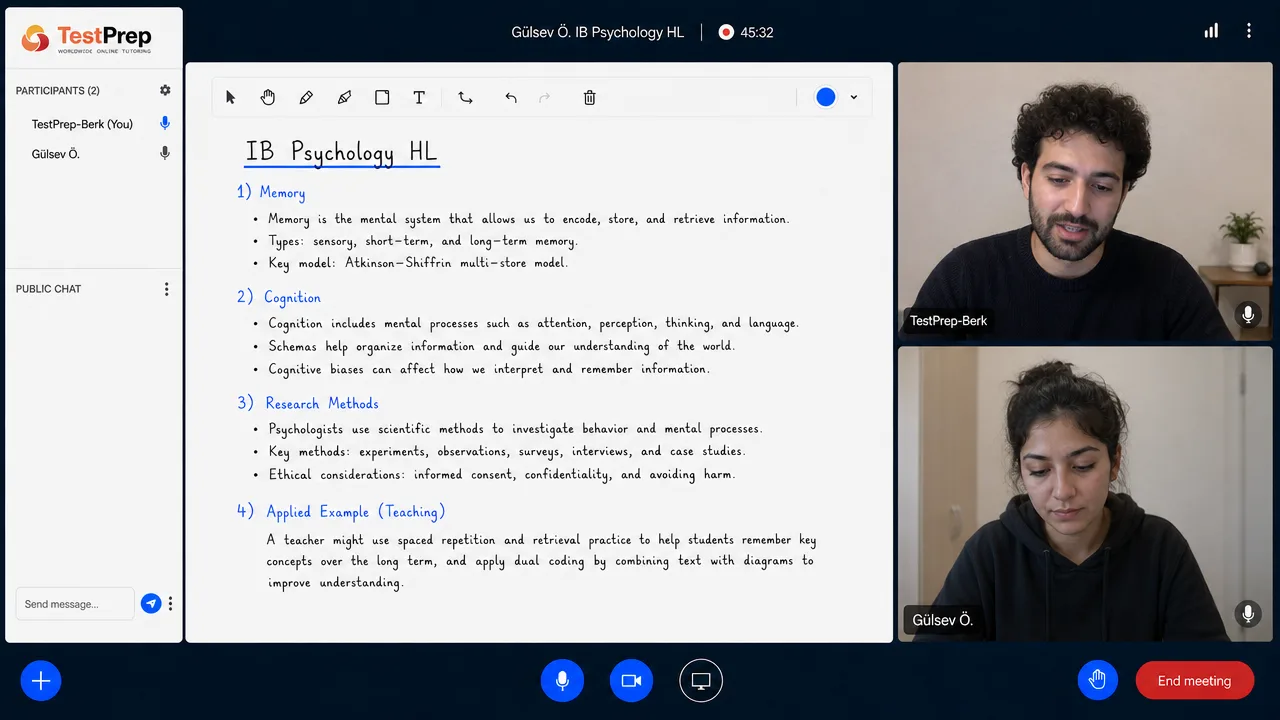 IB Psychology HL dersinde tahtada hafıza, biliş, araştırma yöntemleri ve uygulamalı bir örneğin anlatımı