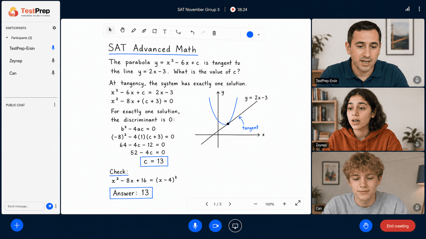 SAT grup dersinde eğitmen ve öğrenciler; tahtada bir SAT Advanced Math tanjant sorusunun adım adım çözümü