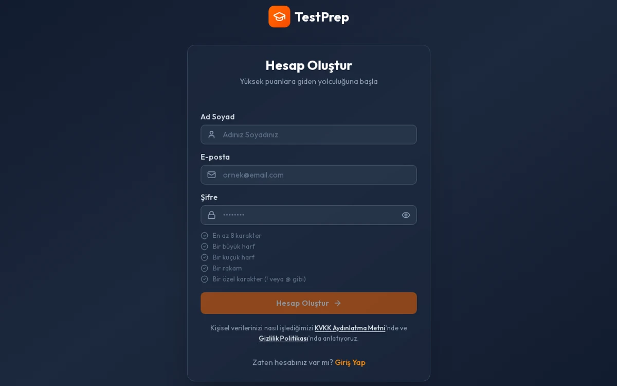 TestPrep kayıt ekranı: ad soyad, e-posta ve şifre alanlarıyla Hesap Oluştur formu