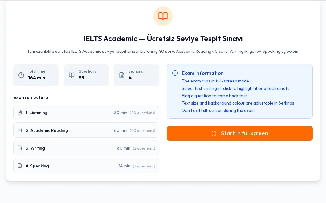 IELTS Academic ücretsiz seviye tespit sınavının başlangıç ekranı: 164 dakika, 85 soru ve dört bölümün listesi