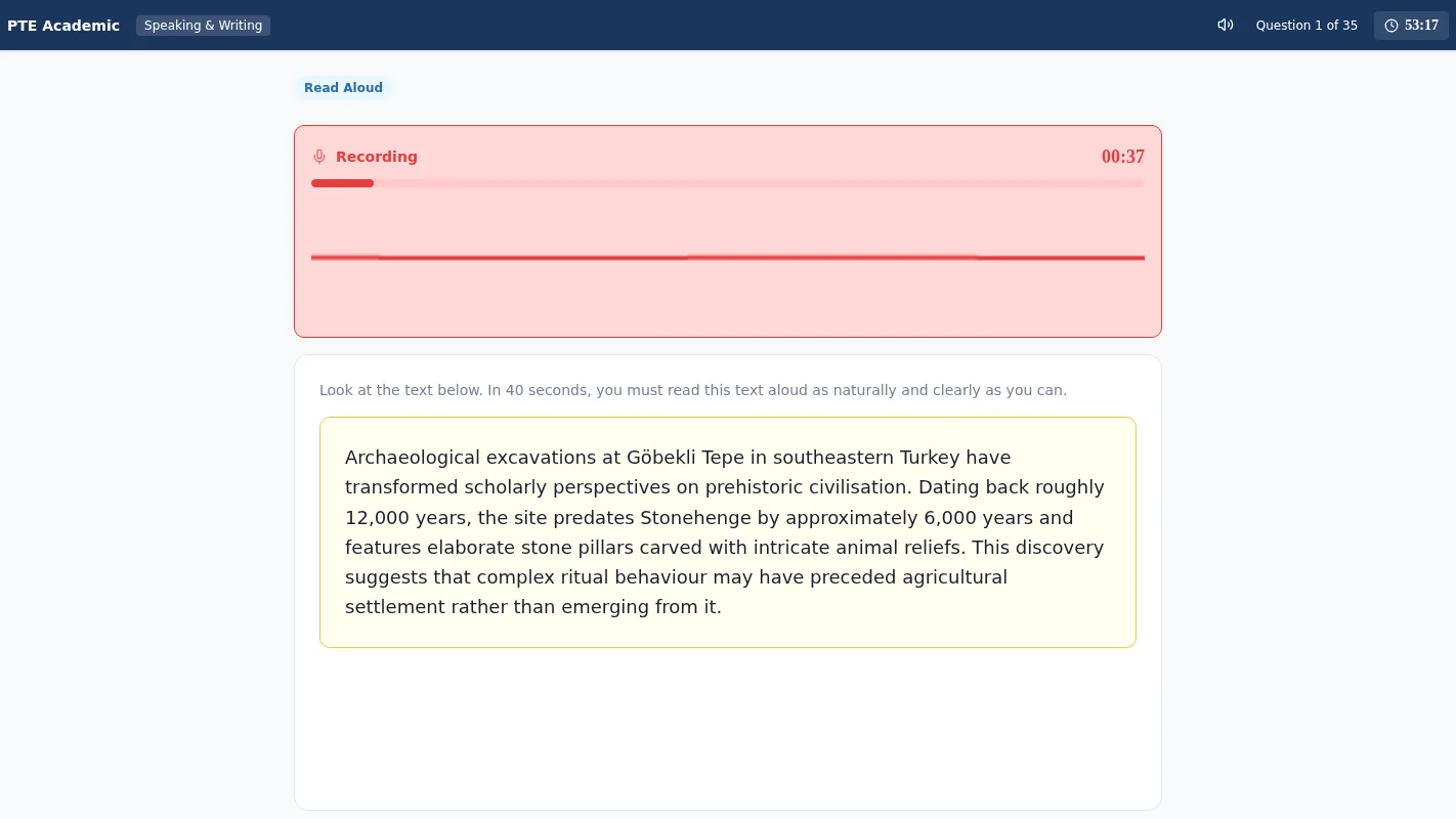 TestPrep PTE Academic simülatörü: Read Aloud görevinde kayıt sürüyor, geri sayım ve sesli okunacak metin