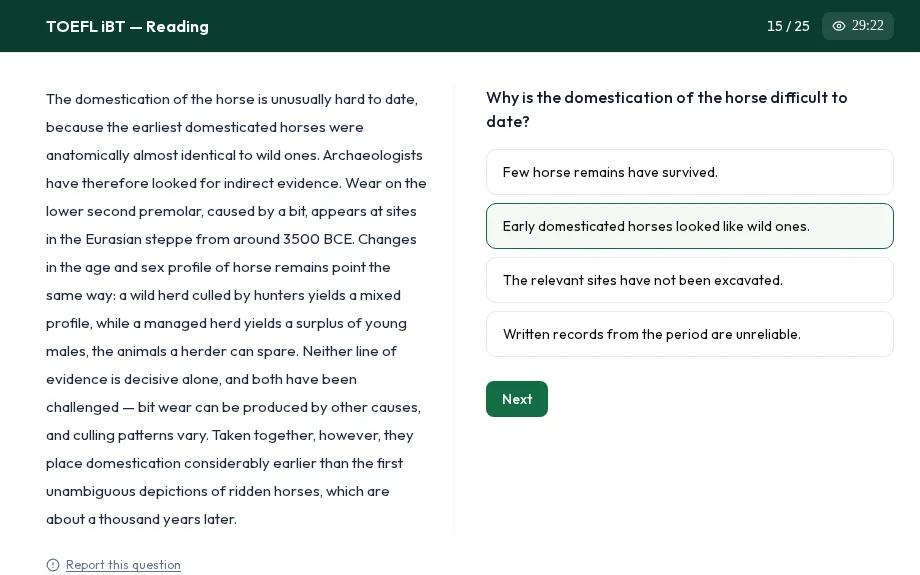 TOEFL Reading, Read an Academic Passage: solda akademik metin, sağda soru ve seçilmiş şık