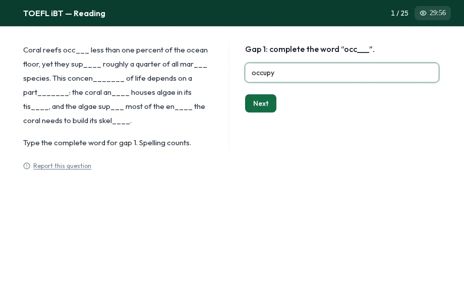 TOEFL Reading, Complete the Words görevi: boşluklu paragraf ve tamamlanan kelime