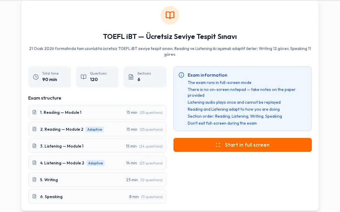 TOEFL iBT ücretsiz seviye tespit sınavının başlangıç ekranı: 90 dakika, 120 soru ve altı modülün listesi