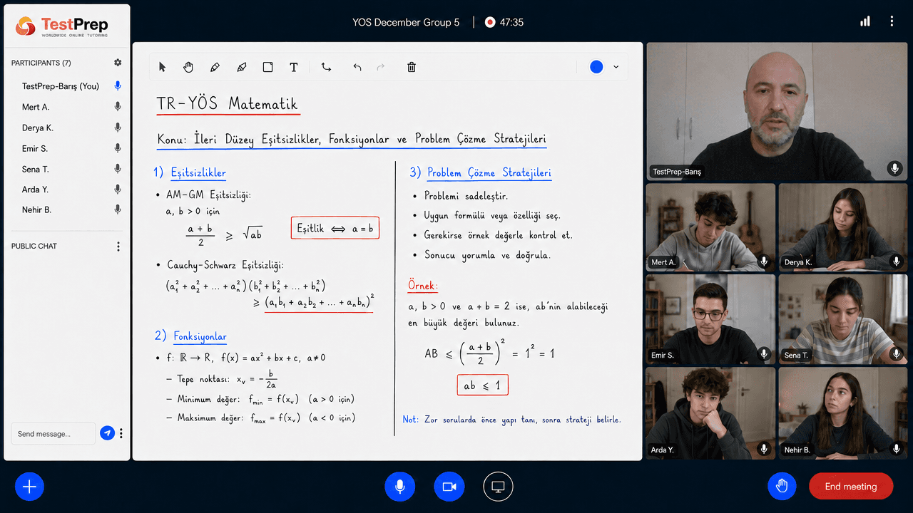 TR-YÖS Matematik grup dersinde tahtada AM-GM ve Cauchy-Schwarz eşitsizlikleri, fonksiyonlar ve problem çözme stratejileri