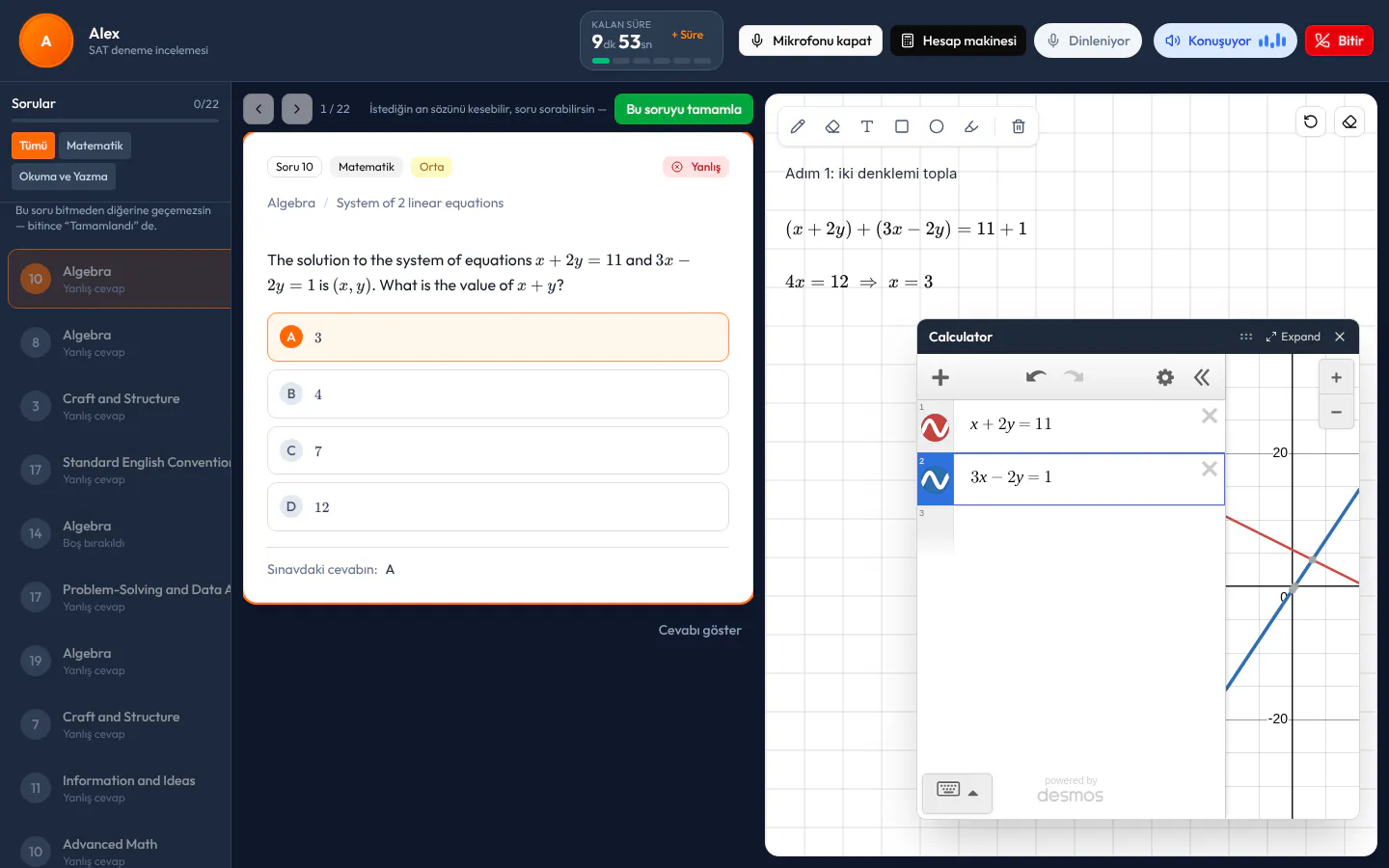 AI Tutor ders ekranı: SAT sorusunun yanında sınavdaki Desmos hesap makinesi, öğrencinin girdiği iki doğru ve kesişim noktaları; tahtada çözüm adımları.