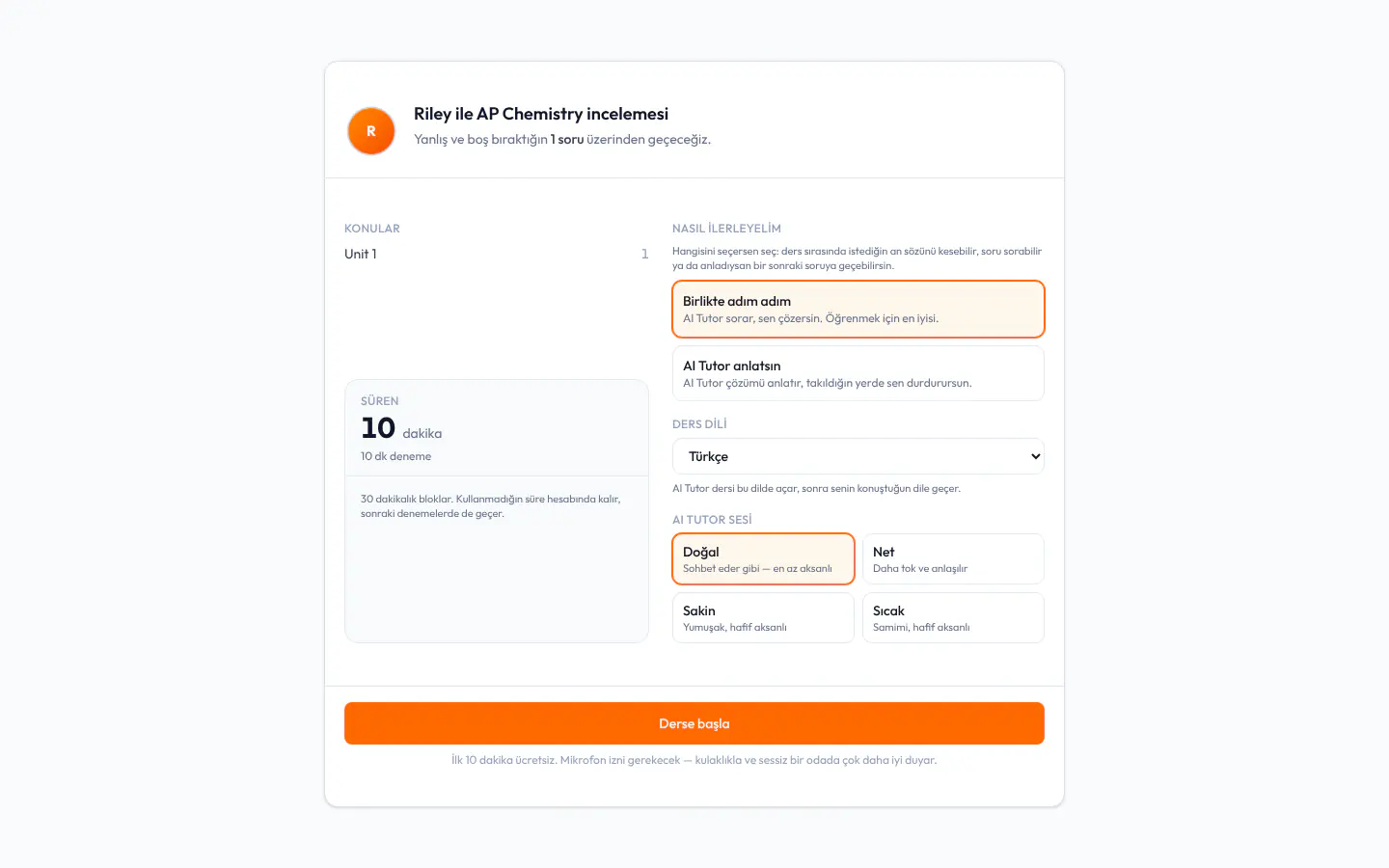 AI Tutor başlangıç ekranı: incelenecek soru sayısı ve konular, kalan süre, ders biçimi, ders dili ve AI Tutor'un sesi.